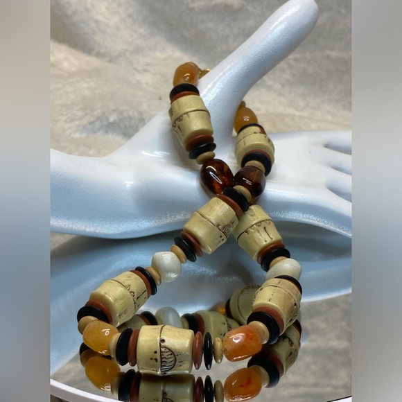 Jewelry - Vintage Tribal Mixed Media Choker Necklace Amber Wood Bone and Acrylic Beads 15”